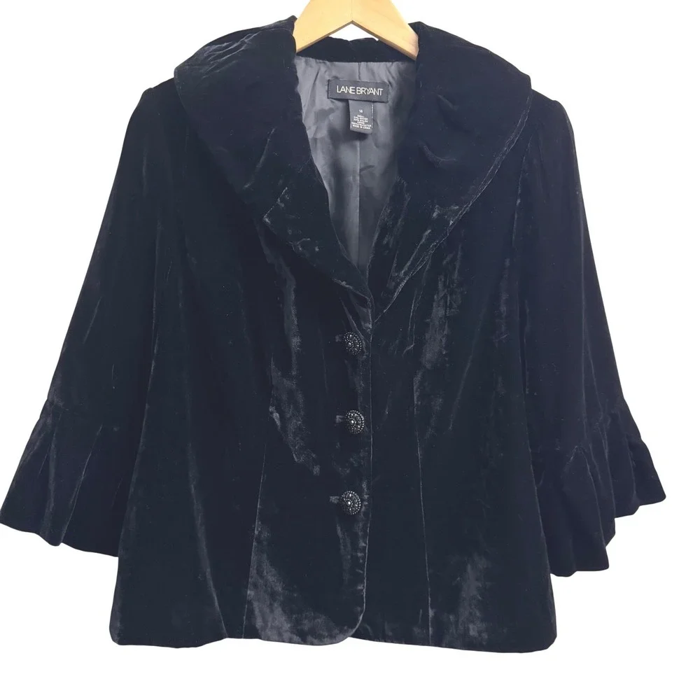 Lane Bryant Jacket 14 Black Velvet Bell Sleeve Puff Collar Cocktail Victorian - Picture 1 of 8